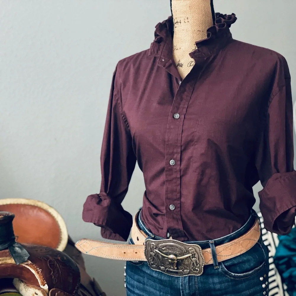 Redid, Redone and Reworked Mens to Ladies Maroon Ruffle Collar Long Sleeve Shirt - Picture 3 of 8